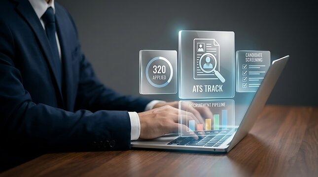 Businessman using laptop with digital recruitment and ats interface
