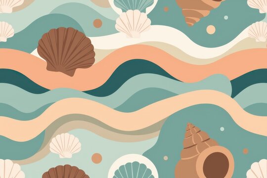 A boho coastal seamless design of abstract, fluid wave shapes and stylized, geometric seashells in muted, earthy pastel shades.