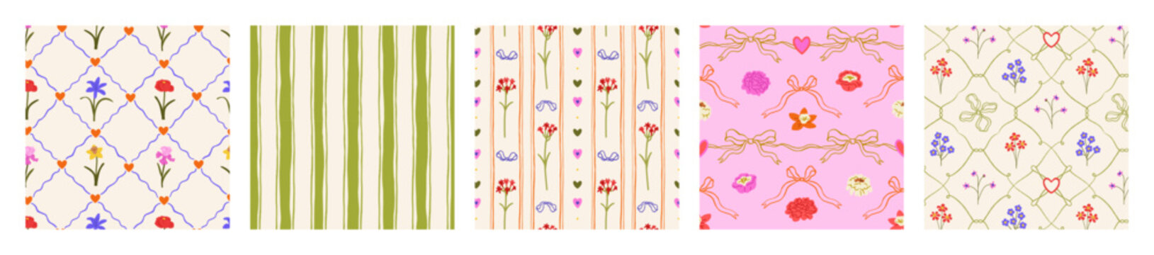 Floral patterns with flowers and coquette bows. Seamless patterns, spring flowers and ribbon bows. Vintage floral background, cute print, texture for French wallpaper design. Vector illustrations