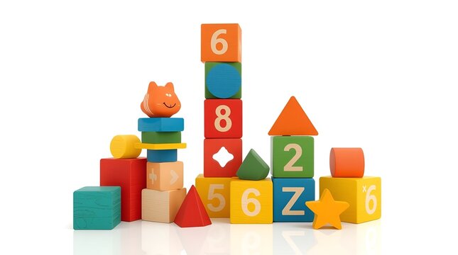 Educational wooden stacking blocks with numbers and geometric shapes