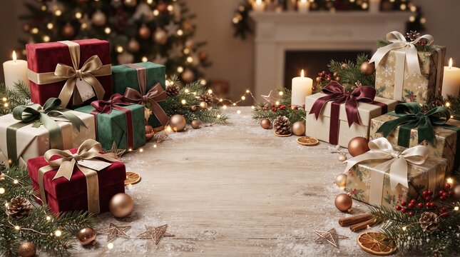 Festive Christmas Table with Wrapped Gifts and String Lights
Holiday Gift Arrangement with Blank Center Copy Space
Cozy Christmas Scene with Presents, Tree and Fireplace
Wrapped Christmas Gifts on Rus