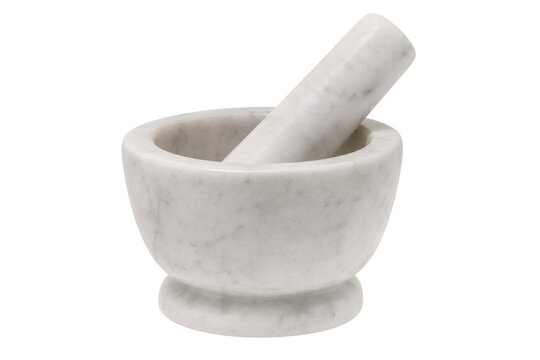 White marble mortar and pestle set, used for grinding spices and herbs, is captured on a clean white background with soft, even lighting