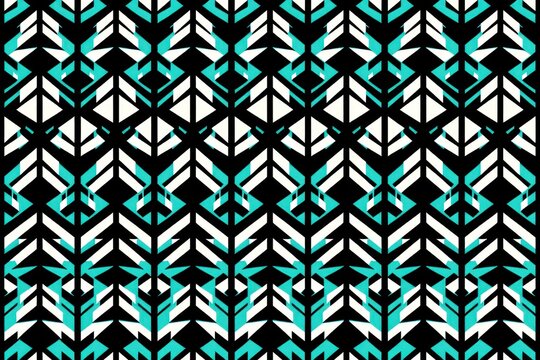 A tribal geometric seamless pattern featuring dense, repeating rows of sharp, interlocking arrowheads in vibrant turquoise, black, and white.