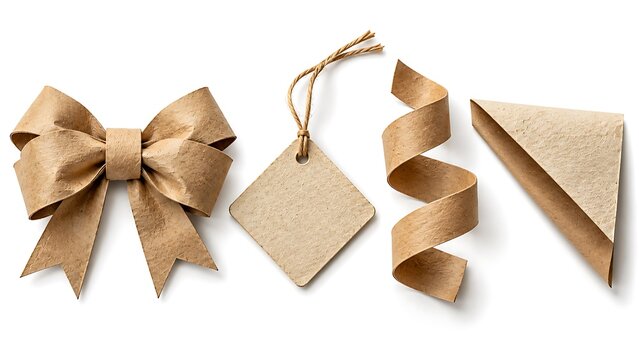 Recycled paper bow, tag, ribbon, and triangular fold for gift wrapping and crafting.