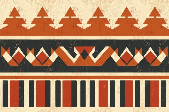 A geometric tribal border pattern of thick, interlocking stepped pyramids and bold vertical stripes in earthy shades of terracotta and charcoal.