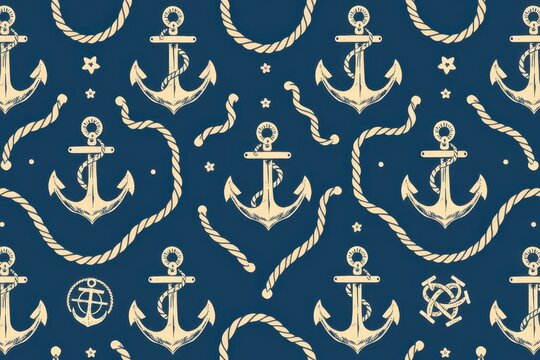 A boho coastal pattern featuring hand drawn, minimalist illustrations of anchors and twisted nautical ropes in soft navy and sandy beige.