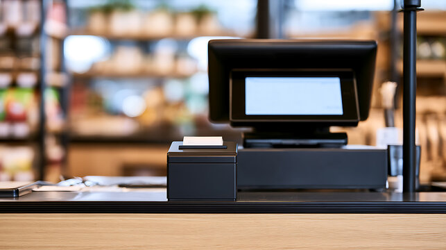 Modern electronic cash register and receipt printer on store counter in retail shop market interior blurred background commercial photography