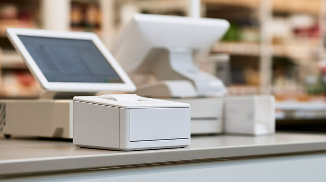 Modern electronic cash register and receipt printer on store counter in retail checkout area for business commerce and purchase transaction