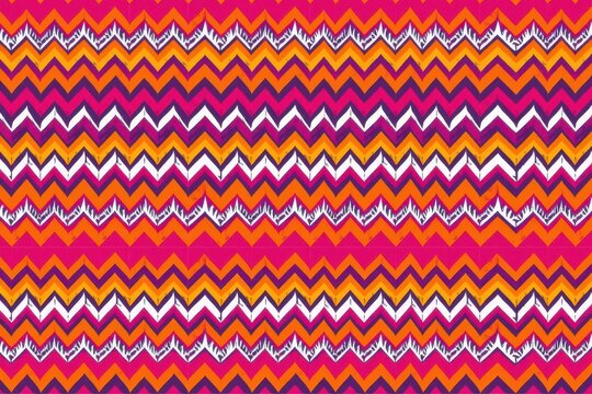 A tribal geometric seamless pattern featuring dense, repeating rows of sharp, interlocking zigzag stripes in vibrant magenta, orange, and white.
