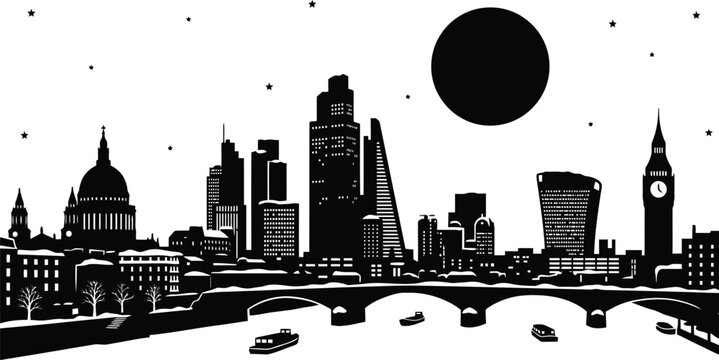 Black silhouette of the london city skyline featuring big ben, st pauls cathedral, and skyscrapers at night with a full moon