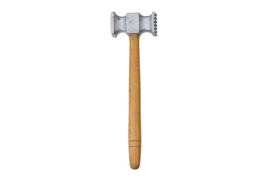 Classic metal meat tenderizer with a wooden handle stands vertically on a clean white background, ready for kitchen use