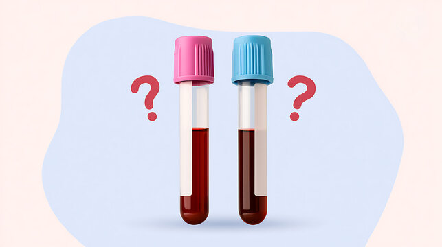 Two medical blood sample test tubes with pink and blue caps stand side by side surrounded by red question mark symbols in flat illustration