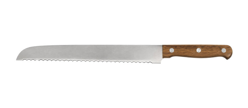 Classic serrated bread knife with a wooden handle and stainless steel blade is isolated on a clean white background