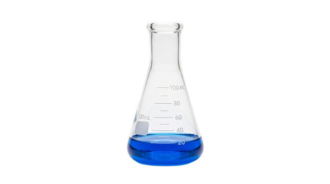 Erlenmeyer flask filled with blue liquid. Chemistry glassware isolated on white background