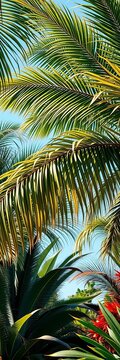 Palm fronds sway in the breeze amidst a tapestry of tropical foliage, nature, outdoors