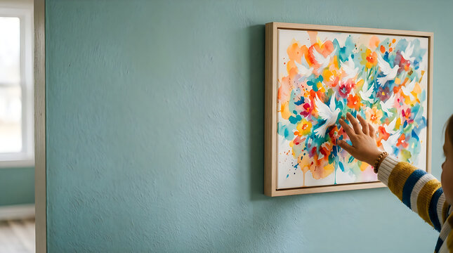 Child touching colorful abstract art piece for world aids day awareness campaign