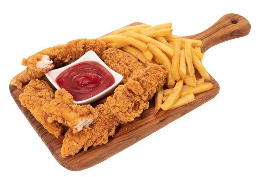 Crispy Fried Chicken Tenders and French Fries with Ketchup on Wooden Serving Board