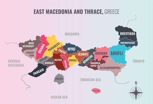 East Macedonia and Thrace Greece Unit into Dimos in a minimalist colorful style map showing