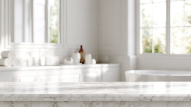 Empty white marble counter in focus, blurred bright luxury bathroom background, soft morning light, cosmetic product mockup