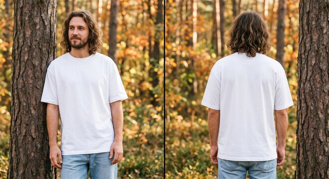 A split-screen mockup showing front and back views of a man wearing a plain white oversized t-shirt outdoors in a forest with autumn trees and soft bokeh.