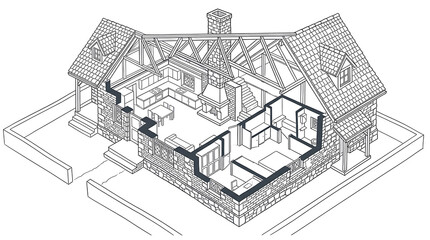 Fototapeta premium Isometric Architectural Drawing of a House Interior Layout with Highlighted Walls, Isolated on Transparent background png