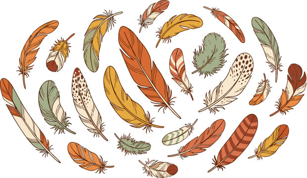 Boho Style Feather Vector Collection with Hand Drawn Elements in Warm Earthy Colors for Greeting Cards Patterns and Decorative Boho Chic Designs
