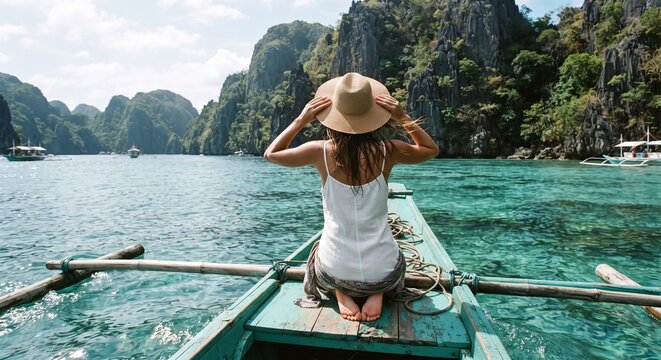 A relaxed female traveler on a traditional outrigger boat navigating a pristine turquoise lagoon framed by dramatic karst limestone cliffs.