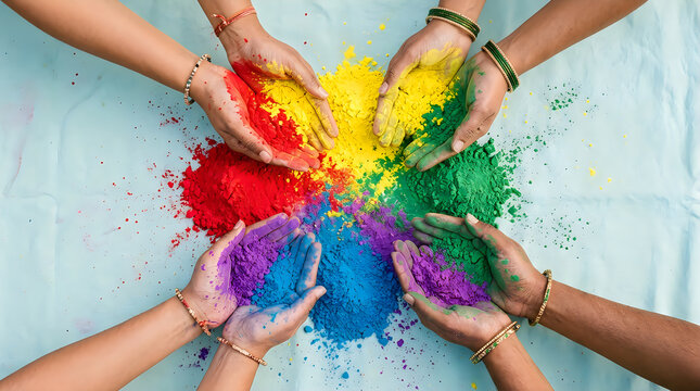 Diverse hands holding colorful powder celebrating unity for world aids day concept