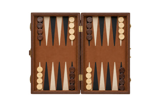 Open brown leather backgammon board with black and cream points and checkers, viewed from above on a white background