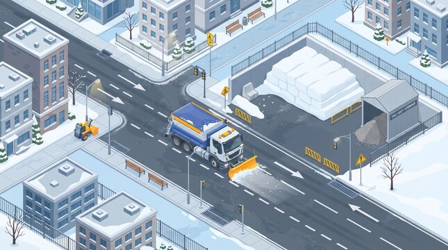 Winter City Snow Removal Infrastructure Vector Illustration