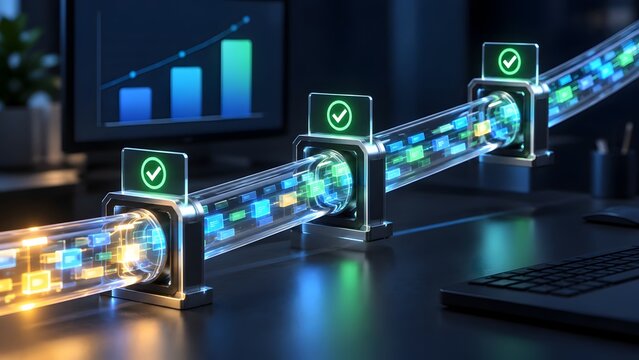 Secure digital data pipeline transferring encrypted information through automated validation checkpoints