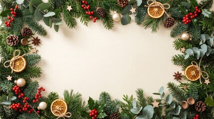 Fototapeta premium Christmas wreath with fir branches pine cones dried orange slices berries and ornaments for festive decoration.