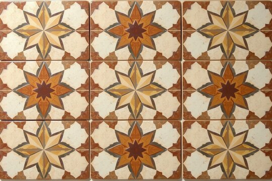 A Moroccan zellige tile pattern of interlocking, geometric crosses and eight pointed stars in subtle shades of sand, cream, and terracotta.