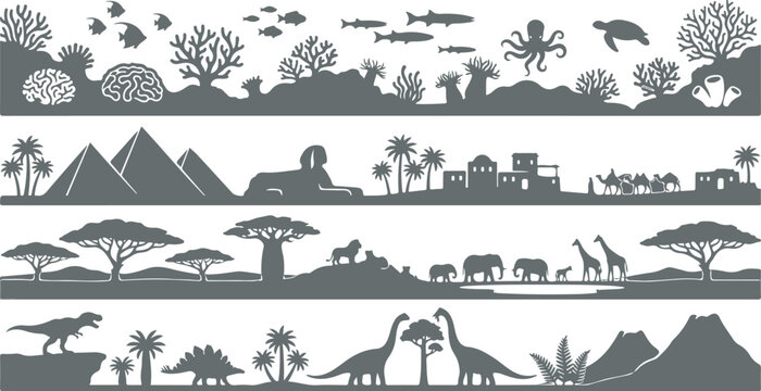 coastal landscape silhouette with mountains trees palm trees and seaside buildings