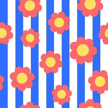 Cute Coral Flower Pattern with Blue and White Stripes