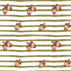 Watercolor Acorn Pattern with Olive Stripes and Cutout Paper Texture © Halyna