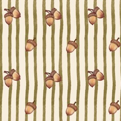 Watercolor Acorns Seamless Pattern with Hand Painted Olive Green Stripes on Textured Cream Background © Halyna