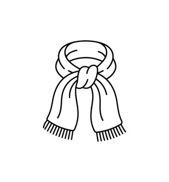 Simple line art icon of a tied winter scarf with tassels clothing item winter gear winter fashion clothing accessory isolated seasonal minimalist knitting