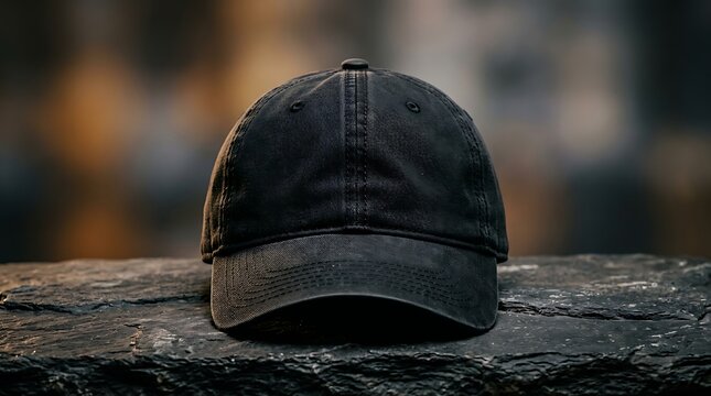 A faded black cotton baseball cap sitting on a textured stone surface