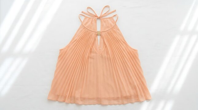 Elegant peach colored pleated halter top with tie back detail for summer fashion photography