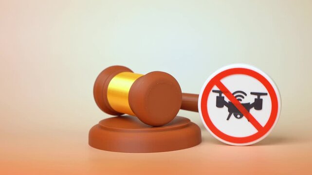 A drone ban symbol and a judge's gavel. Tightening laws against unmanned systems and vehicles. Concept of aviation regulation and airspace security policy. Tighter oversight.