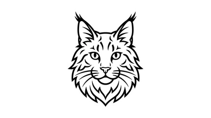 Fototapeta premium Black and white line art illustration of a lynx head, facing forward, with detailed fur and characteristic ear tufts.