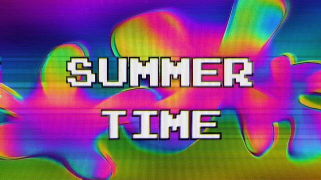 Abstract pink and green 8-bit glitch background with summer time text and scanline distortion looping on a seamless mesh. Suits nightclub and retrofuturism music video transition.