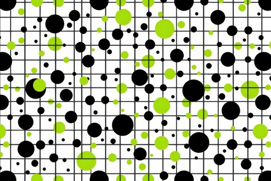 A seamless surface pattern of abstract, hand drawn geometric grids overlapping with scattered, solid circles in neon green and black.