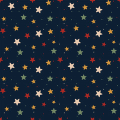 Fototapeta premium Hand Drawn Colorful Stars. Seamless Pattern on Dark Blue Background for Festive Packaging Design