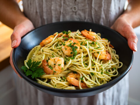 Woman holding spaghetti bowl with fried shrimps, olive oil and parsley 