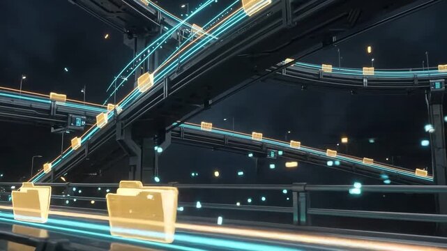 Digital Data Highway: Futuristic visualization of digital data flowing through a network of glowing highways and bridges, represented by abstract file icons.
