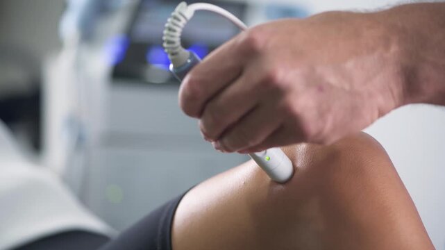Physiotherapist applying therapeutic ultrasound to a patient&rsquo;s knee during a rehabilitation session focused on pain management, tissue recovery, and improved joint mobility.