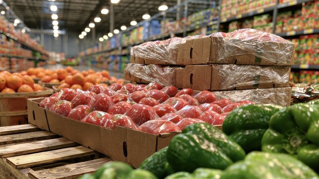Fresh tomatoes and bell peppers packaged in boxes at a wholesale warehouse. Food supply chain concept for.