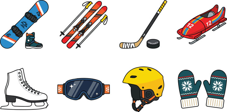 Winter sports equipment vector icon set featuring snowboard skis hockey stick bobsled ice skate goggles helmet and mittens